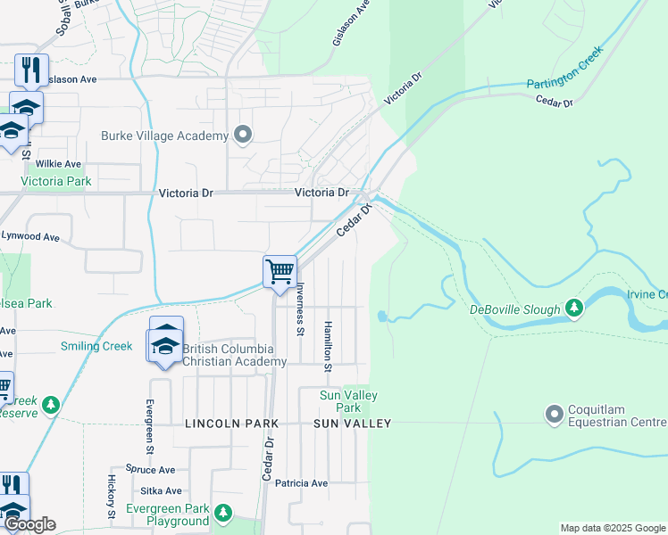map of restaurants, bars, coffee shops, grocery stores, and more near 3972 Hamilton Street in Port Coquitlam