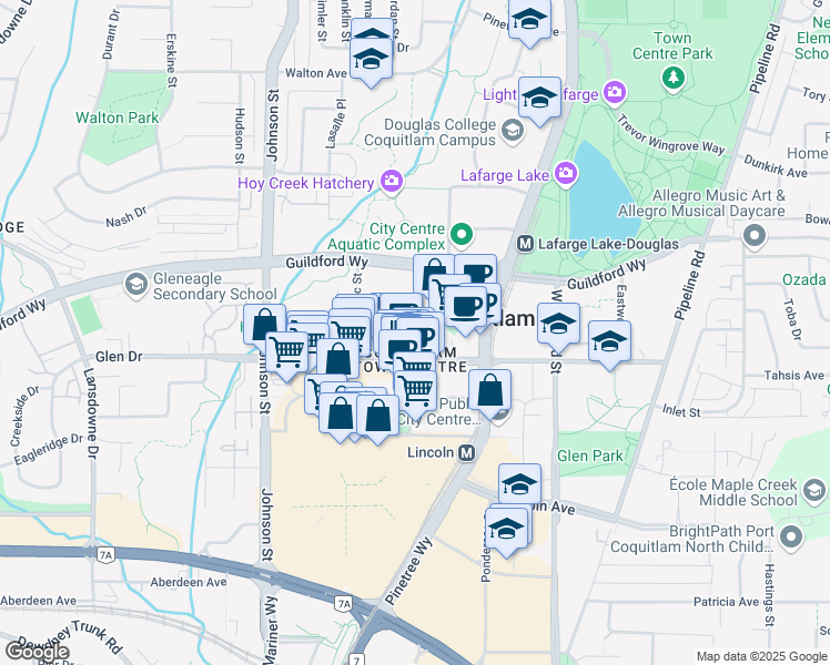 map of restaurants, bars, coffee shops, grocery stores, and more near in Coquitlam