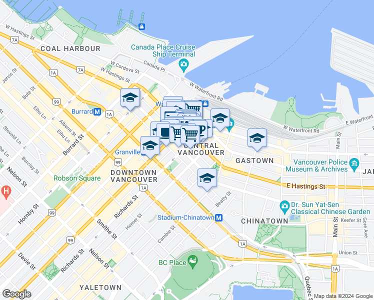 map of restaurants, bars, coffee shops, grocery stores, and more near 509 West Pender Street in Vancouver