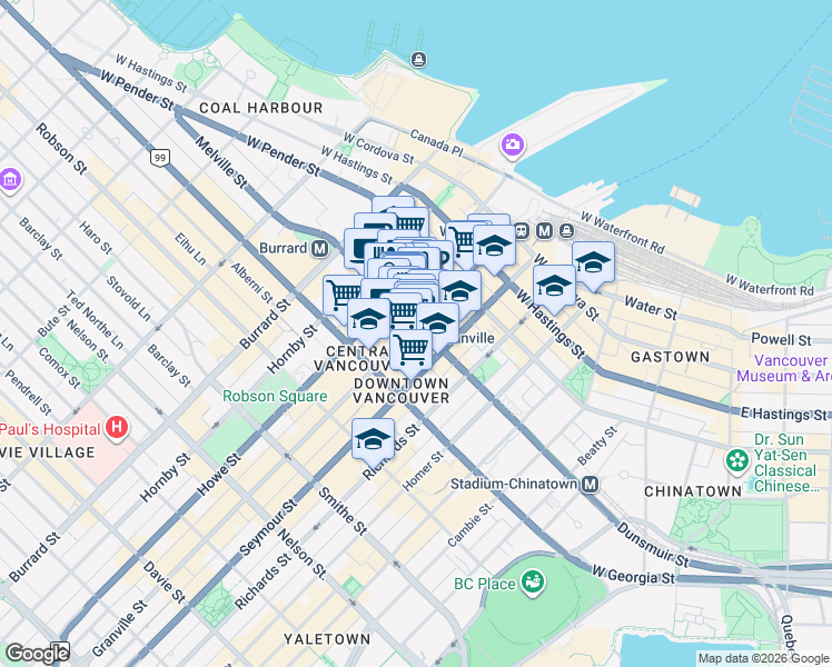 map of restaurants, bars, coffee shops, grocery stores, and more near 701 West Georgia Street in Vancouver