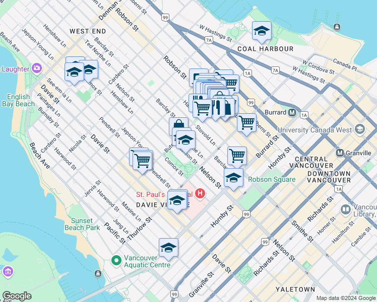 map of restaurants, bars, coffee shops, grocery stores, and more near in Vancouver