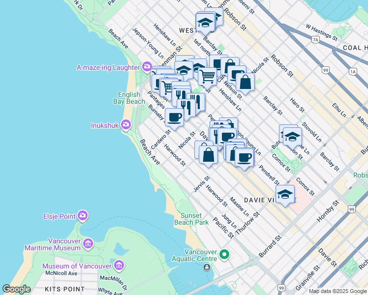map of restaurants, bars, coffee shops, grocery stores, and more near in Vancouver
