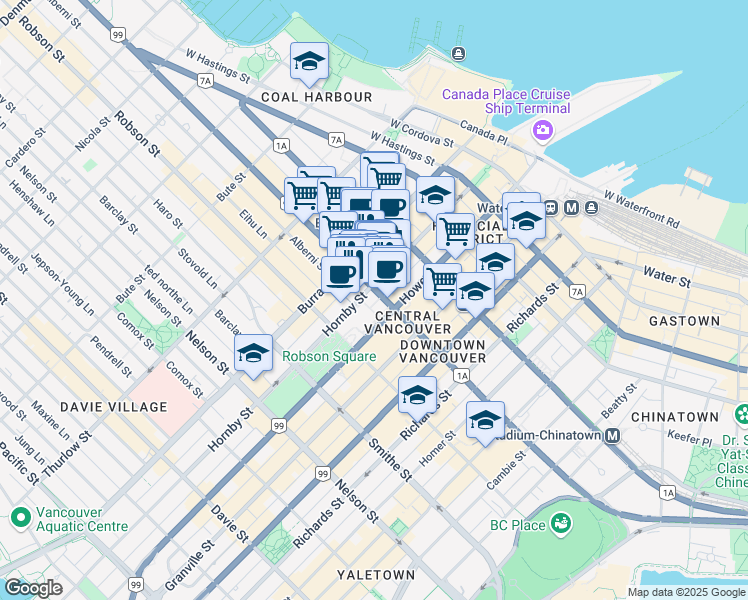 map of restaurants, bars, coffee shops, grocery stores, and more near 710 Hornby Street in Vancouver