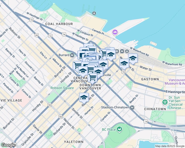 map of restaurants, bars, coffee shops, grocery stores, and more near 609 Granville Street in Vancouver
