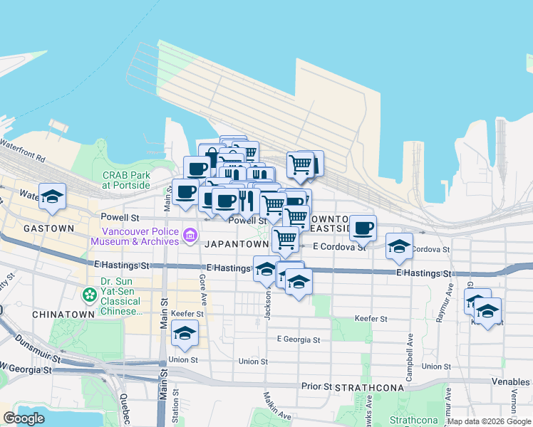 map of restaurants, bars, coffee shops, grocery stores, and more near 477 Powell Street in Vancouver