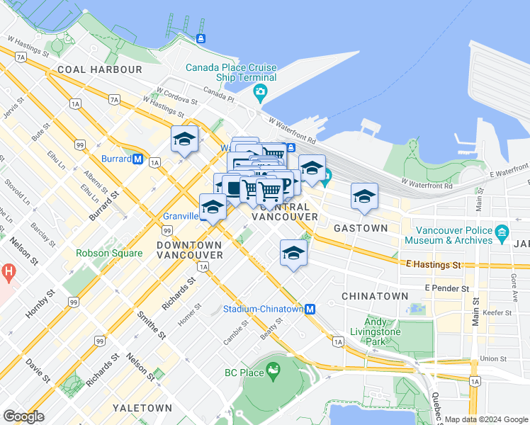map of restaurants, bars, coffee shops, grocery stores, and more near 440 Richards Street in Vancouver