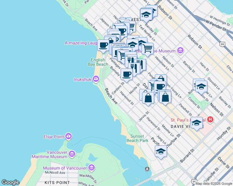 map of restaurants, bars, coffee shops, grocery stores, and more near 1334 Cardero Street in Vancouver