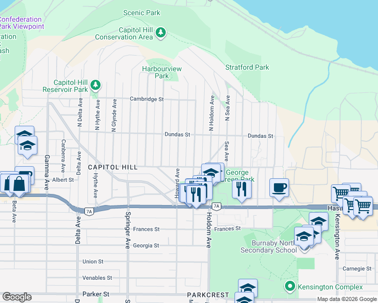 map of restaurants, bars, coffee shops, grocery stores, and more near 65 Ellesmere Avenue in Burnaby