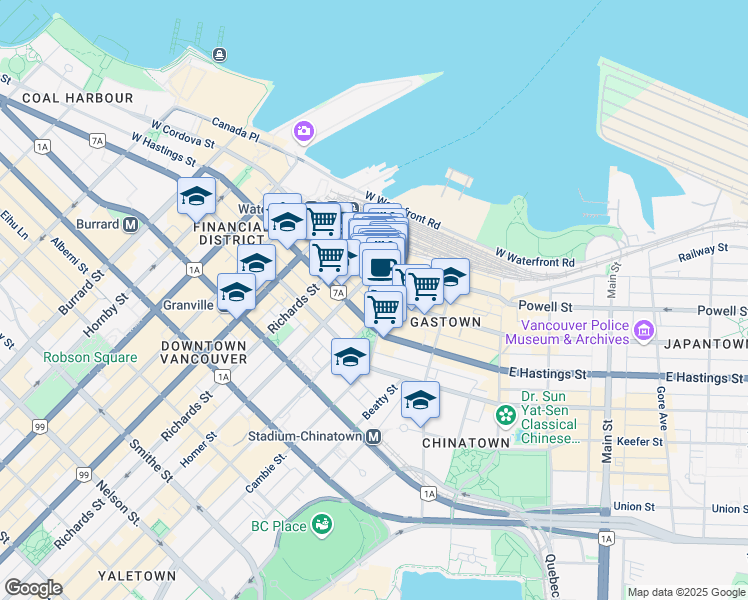 map of restaurants, bars, coffee shops, grocery stores, and more near 415 West Cordova Street in Vancouver