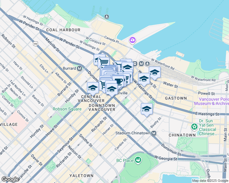 map of restaurants, bars, coffee shops, grocery stores, and more near 700 West Pender Street in Vancouver