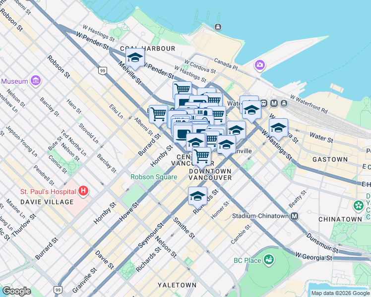 map of restaurants, bars, coffee shops, grocery stores, and more near 801 West Georgia Street in Vancouver