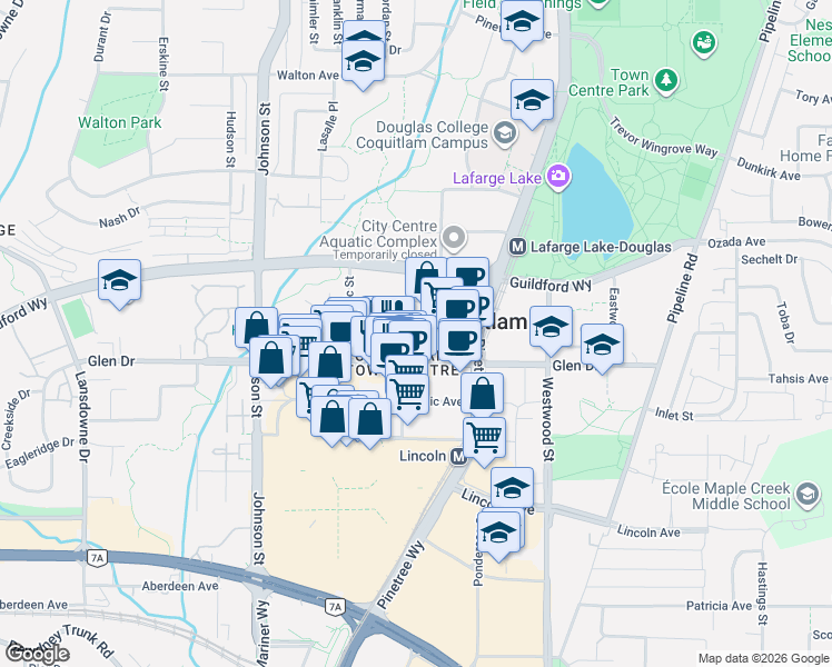 map of restaurants, bars, coffee shops, grocery stores, and more near 1185 The High Street in Coquitlam