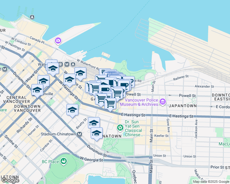 map of restaurants, bars, coffee shops, grocery stores, and more near 12 Water Street in Vancouver