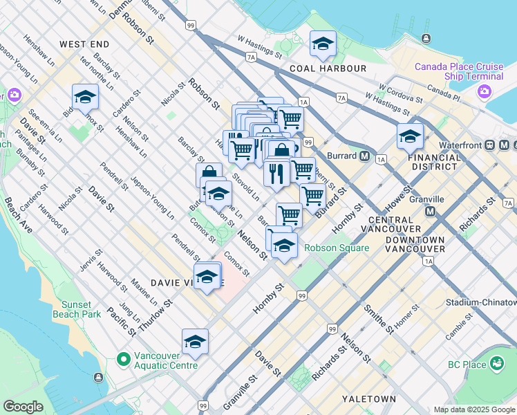 map of restaurants, bars, coffee shops, grocery stores, and more near 921 Thurlow Street in Vancouver