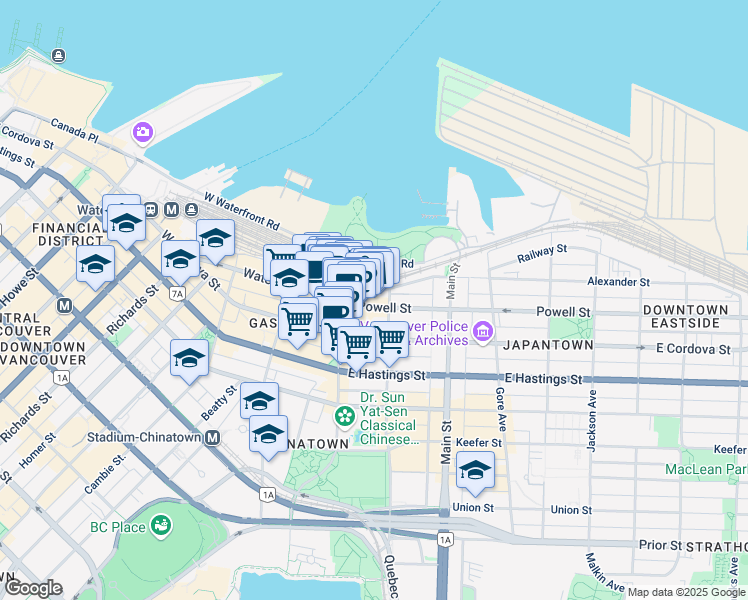map of restaurants, bars, coffee shops, grocery stores, and more near 55 Powell Street in Vancouver