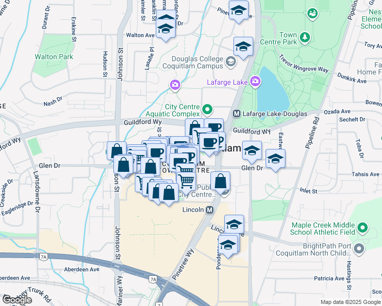 map of restaurants, bars, coffee shops, grocery stores, and more near 1185 The High Street in Coquitlam