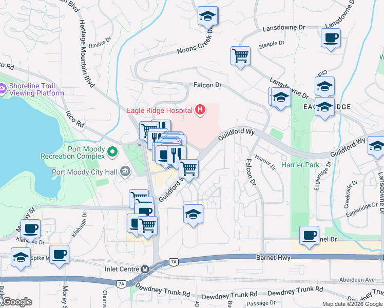map of restaurants, bars, coffee shops, grocery stores, and more near 288 Ungless Way in Port Moody