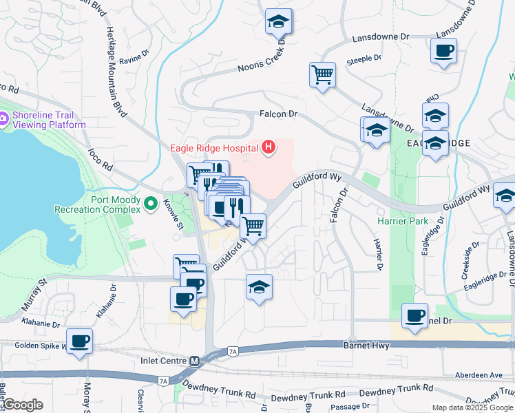 map of restaurants, bars, coffee shops, grocery stores, and more near 288 Ungless Way in Port Moody