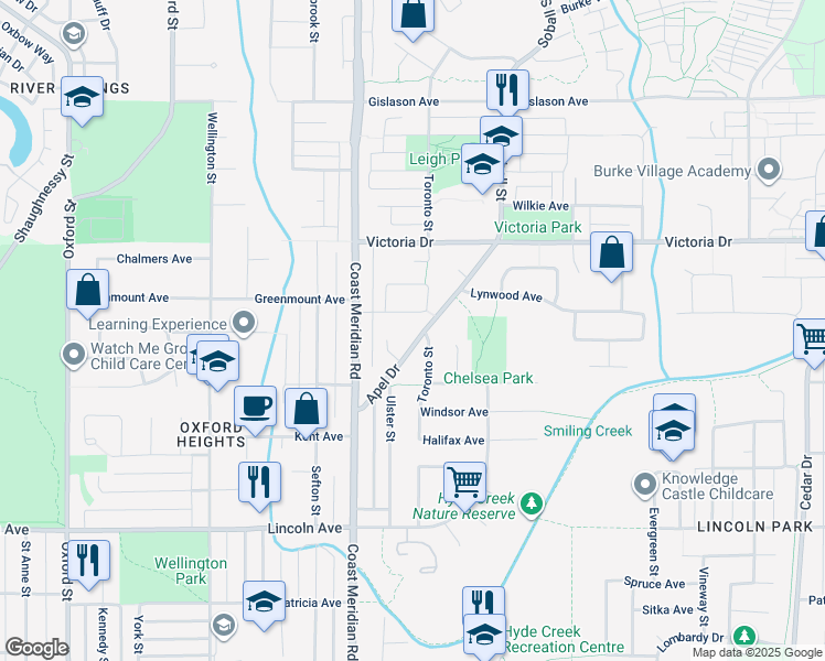 map of restaurants, bars, coffee shops, grocery stores, and more near 1405 Apel Drive in Port Coquitlam