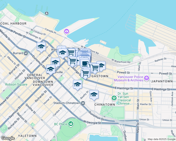 map of restaurants, bars, coffee shops, grocery stores, and more near 205 West Cordova Street in Vancouver