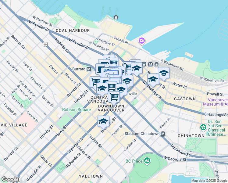 map of restaurants, bars, coffee shops, grocery stores, and more near Granville Street in Vancouver