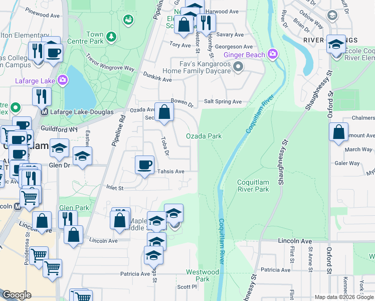 map of restaurants, bars, coffee shops, grocery stores, and more near 1160 Shelter Crescent in Coquitlam