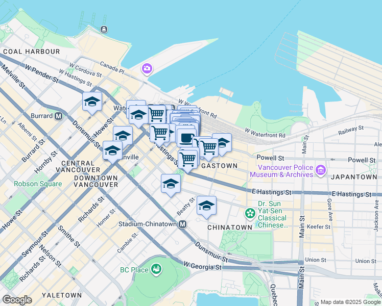 map of restaurants, bars, coffee shops, grocery stores, and more near 205 West Cordova Street in Vancouver