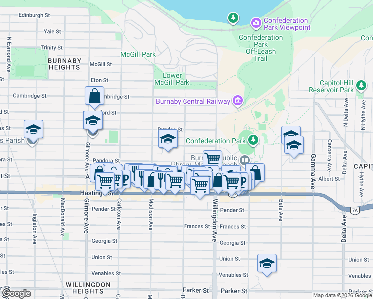 map of restaurants, bars, coffee shops, grocery stores, and more near 120 Rosser Avenue in Burnaby