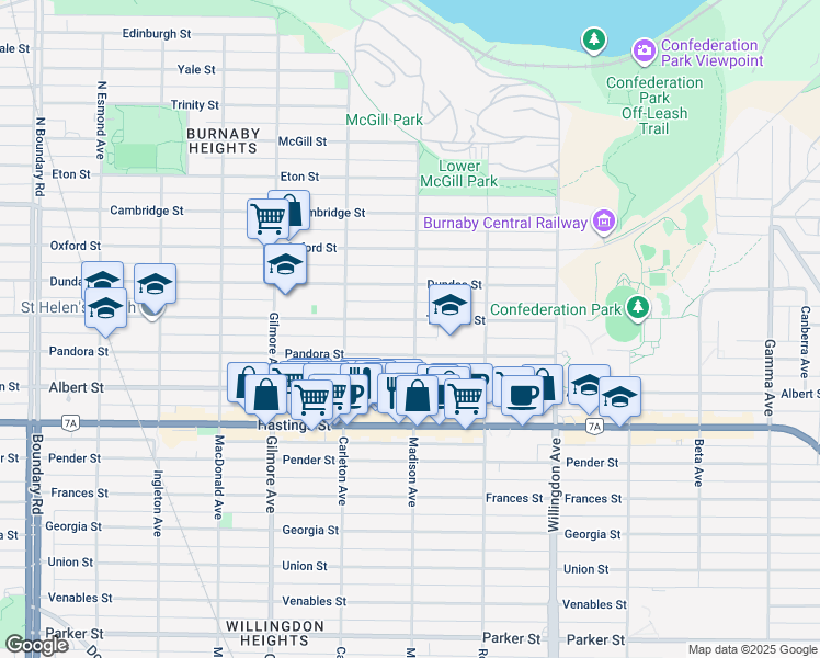 map of restaurants, bars, coffee shops, grocery stores, and more near 4267 Triumph Street in Burnaby