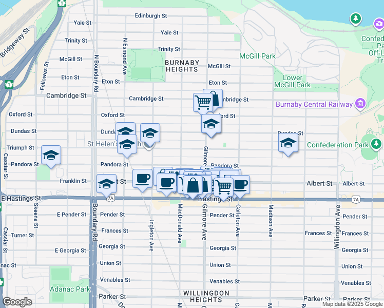 map of restaurants, bars, coffee shops, grocery stores, and more near in Burnaby