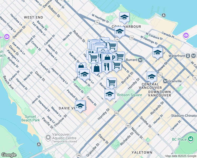 map of restaurants, bars, coffee shops, grocery stores, and more near in Vancouver