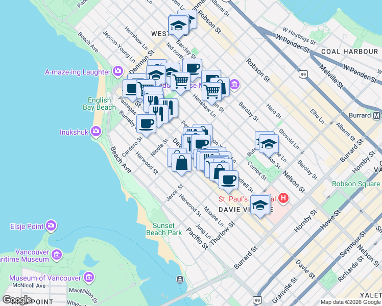 map of restaurants, bars, coffee shops, grocery stores, and more near in Vancouver