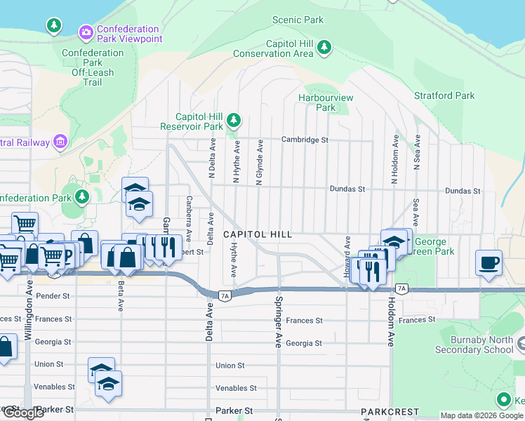 map of restaurants, bars, coffee shops, grocery stores, and more near 106 Glynde Avenue in Burnaby
