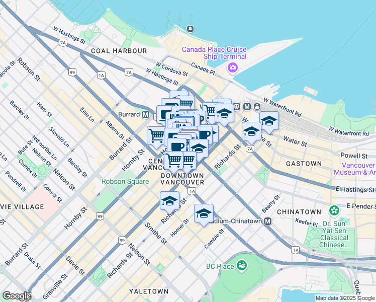 map of restaurants, bars, coffee shops, grocery stores, and more near 612 Granville Street in Vancouver