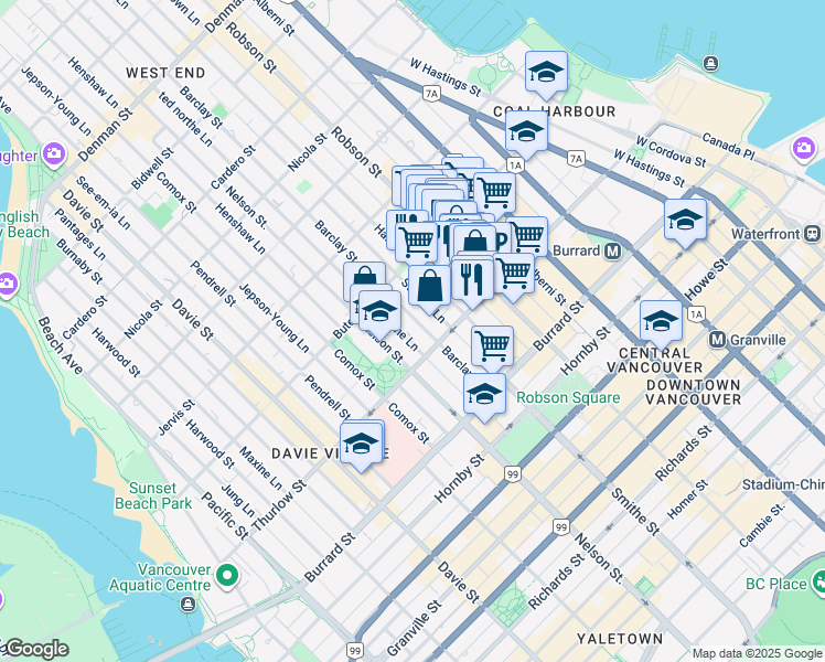 map of restaurants, bars, coffee shops, grocery stores, and more near 1120 Barclay Street in Vancouver