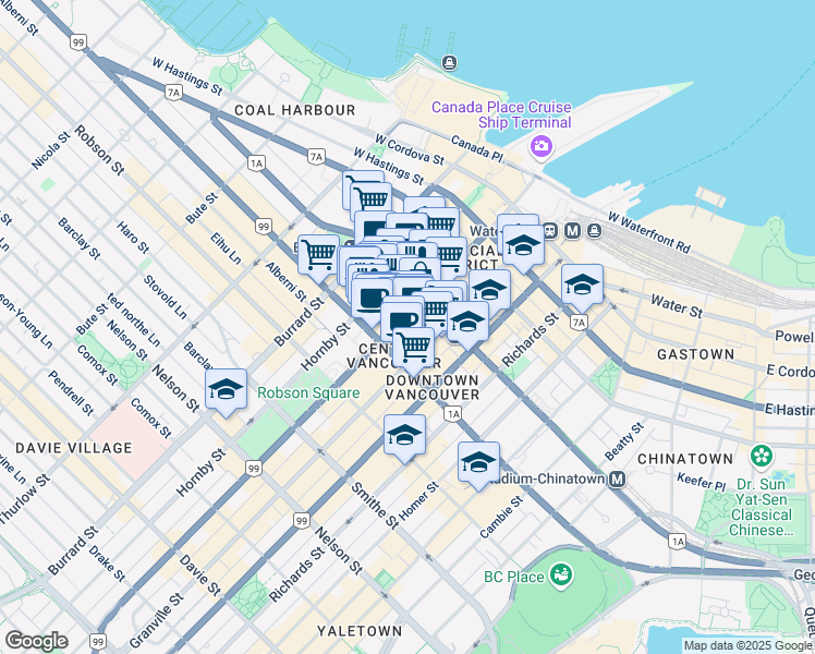 map of restaurants, bars, coffee shops, grocery stores, and more near 791 West Georgia Street in Vancouver