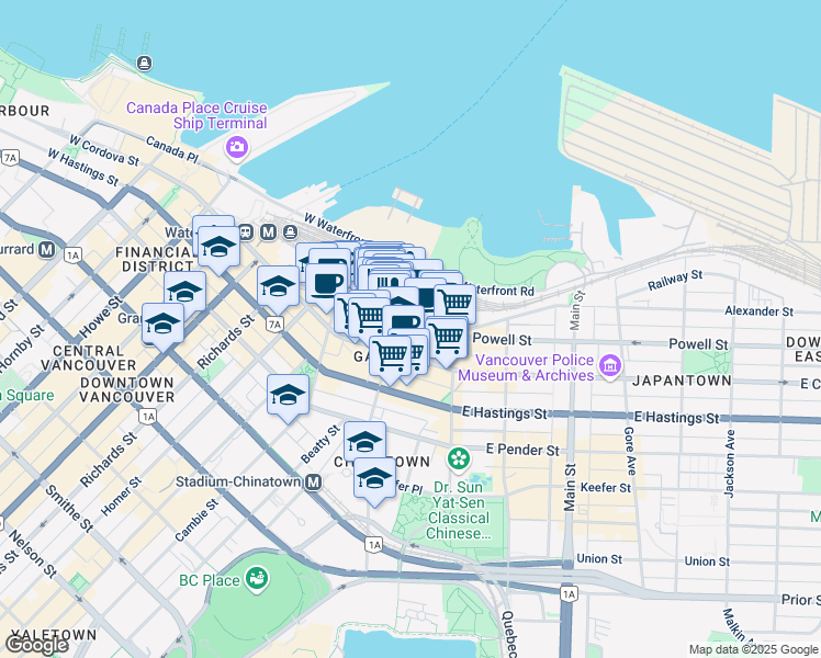 map of restaurants, bars, coffee shops, grocery stores, and more near in Vancouver
