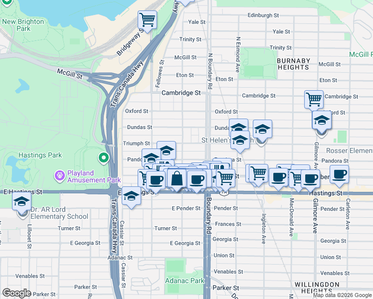 map of restaurants, bars, coffee shops, grocery stores, and more near 120 Kootenay Street in Vancouver