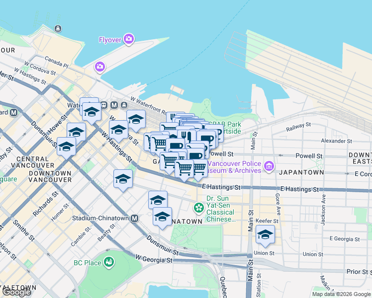 map of restaurants, bars, coffee shops, grocery stores, and more near 50 Water Street in Vancouver