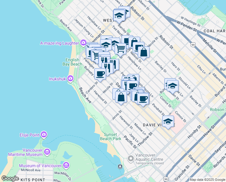 map of restaurants, bars, coffee shops, grocery stores, and more near 1433 Burnaby Street in Vancouver