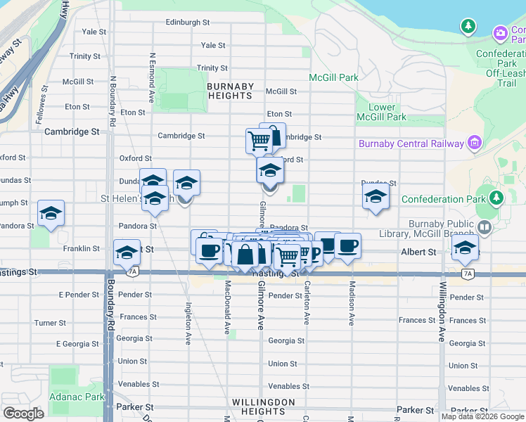 map of restaurants, bars, coffee shops, grocery stores, and more near Gilmore Avenue in Burnaby
