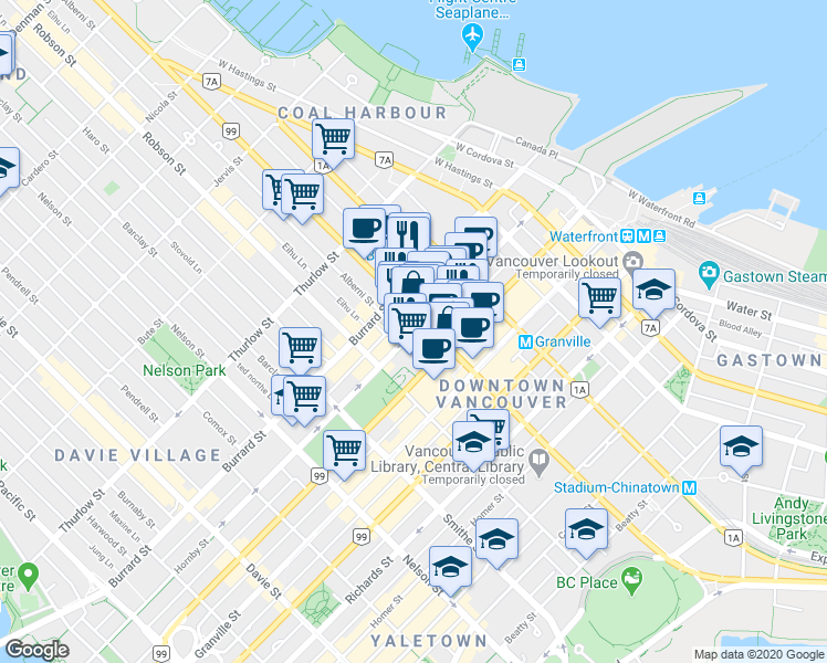 map of restaurants, bars, coffee shops, grocery stores, and more near 718 Hornby Street in Vancouver