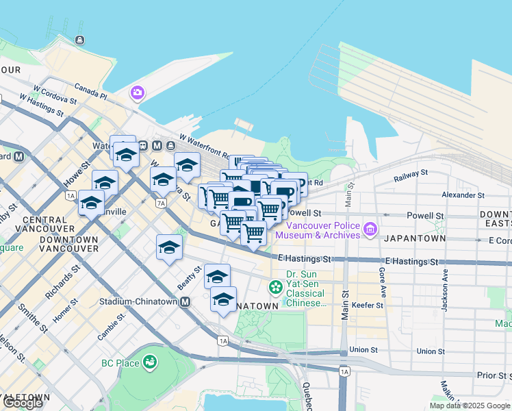 map of restaurants, bars, coffee shops, grocery stores, and more near 36 Water Street in Vancouver