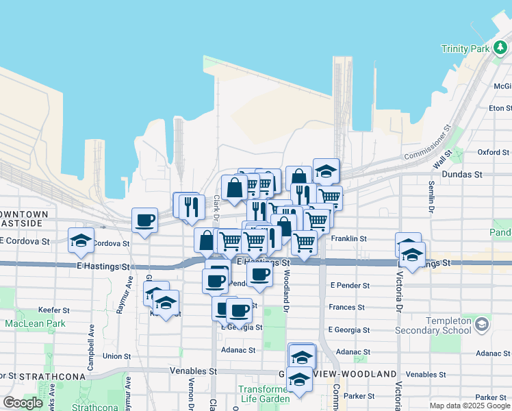 map of restaurants, bars, coffee shops, grocery stores, and more near in Vancouver