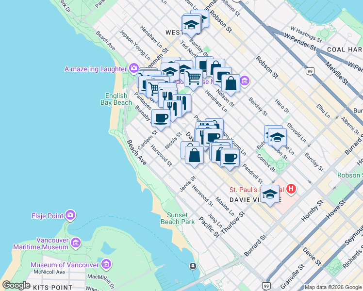 map of restaurants, bars, coffee shops, grocery stores, and more near 1433 Burnaby Street in Vancouver