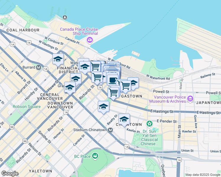map of restaurants, bars, coffee shops, grocery stores, and more near 415 West Cordova Street in Vancouver