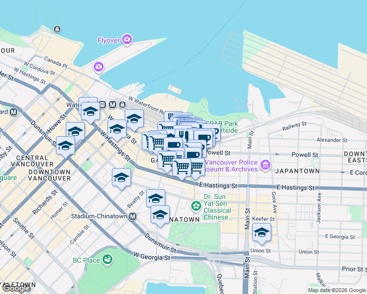 map of restaurants, bars, coffee shops, grocery stores, and more near 36 Water Street in Vancouver