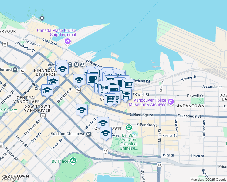 map of restaurants, bars, coffee shops, grocery stores, and more near in Vancouver
