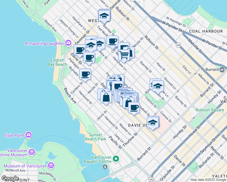 map of restaurants, bars, coffee shops, grocery stores, and more near 1180 Broughton Street in Vancouver