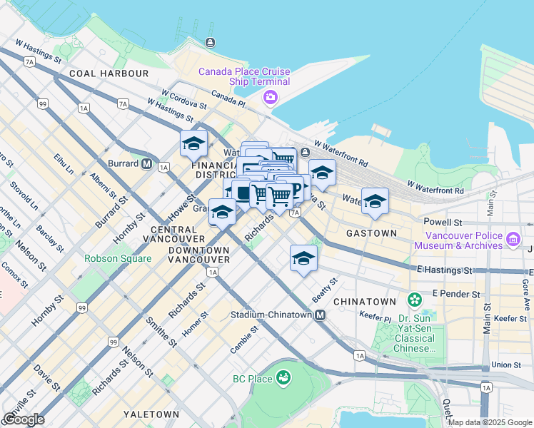 map of restaurants, bars, coffee shops, grocery stores, and more near 509 West Pender Street in Vancouver